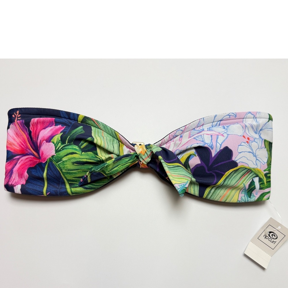 Rip Curl Garden Bandeau Bikini Top Tropical Knot Front Navy Pink Medium New - Picture 1 of 7